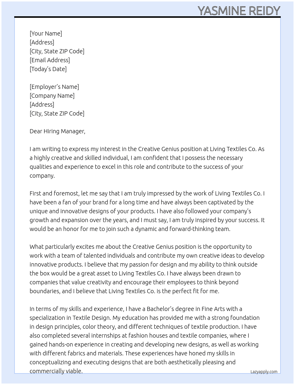 Creative genius  At Living Textiles Co Cover Letter