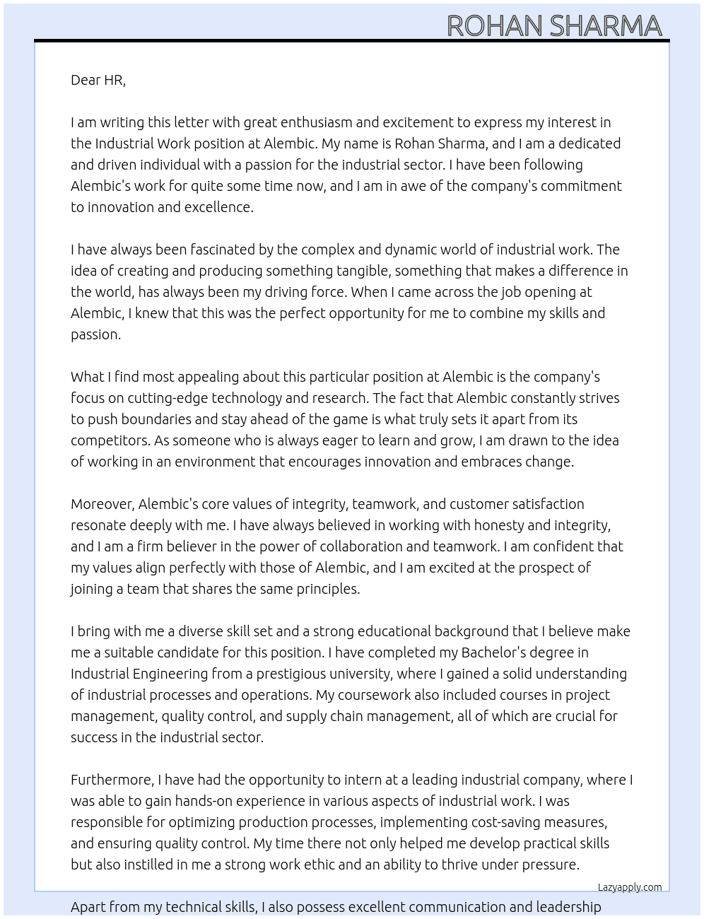 Cover letter for industrial work - LazyApply