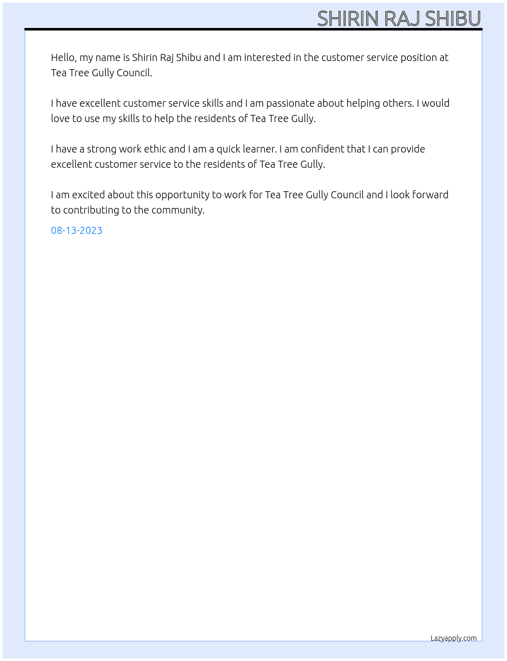 customer service At tea tree gully council Cover Letter