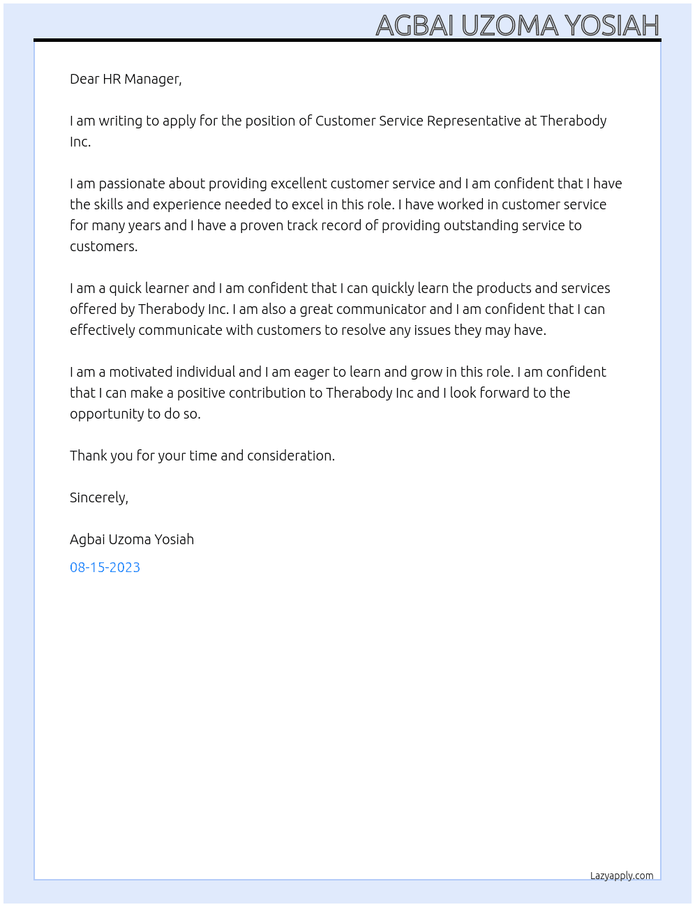 Customer Service Representative At Therabody Inc Cover Letter