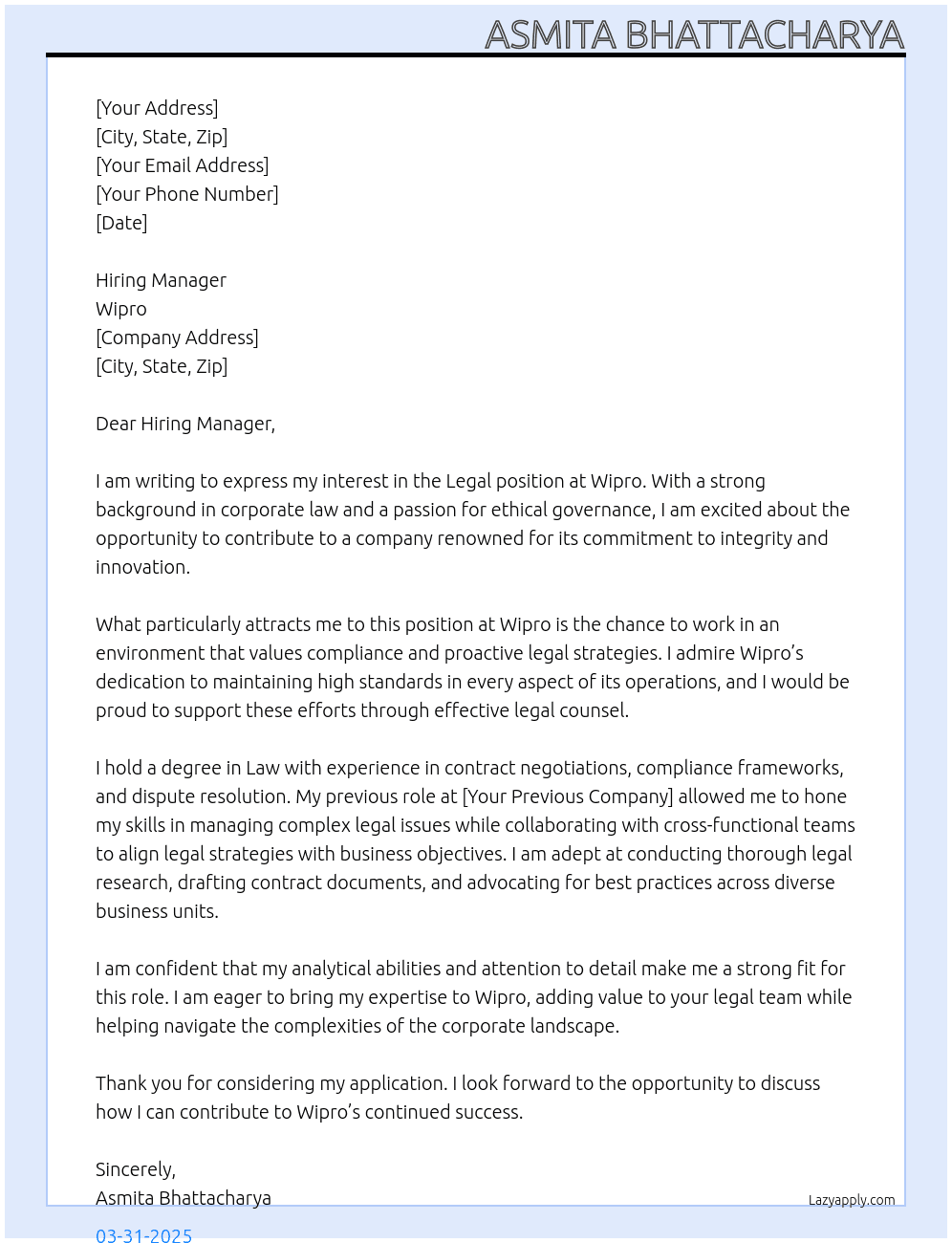 legal  At Wipro Cover Letter