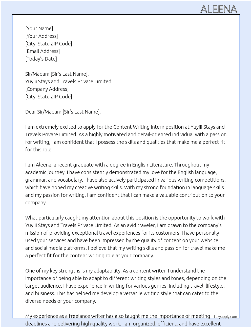 Content Writing Intern At Yuyiii Stays And Travels Private Limited Cover Letter