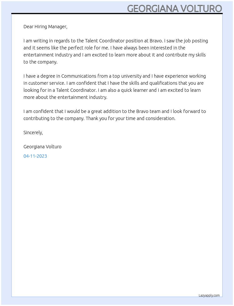 Talen Coordinator  At Bravo Cover Letter