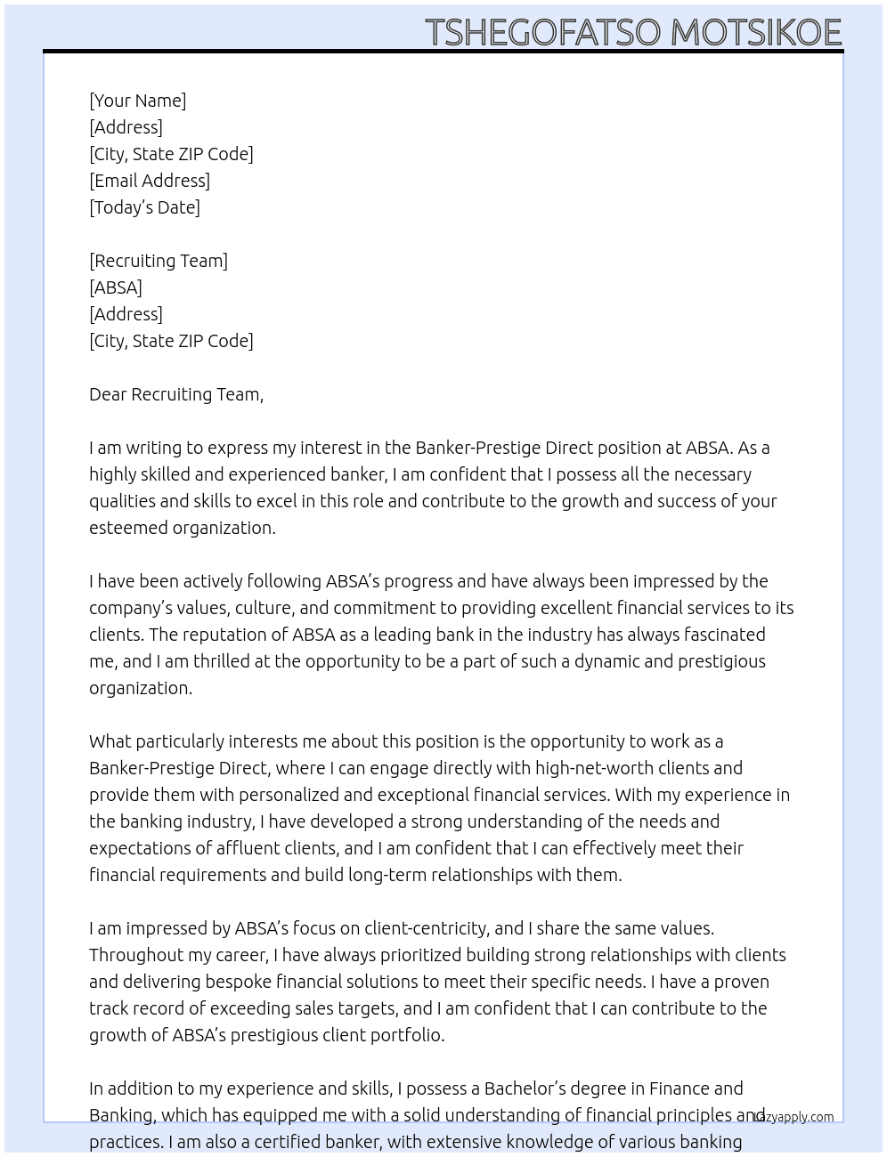 Banker-Prestige  Direct  At ABSA  Cover Letter