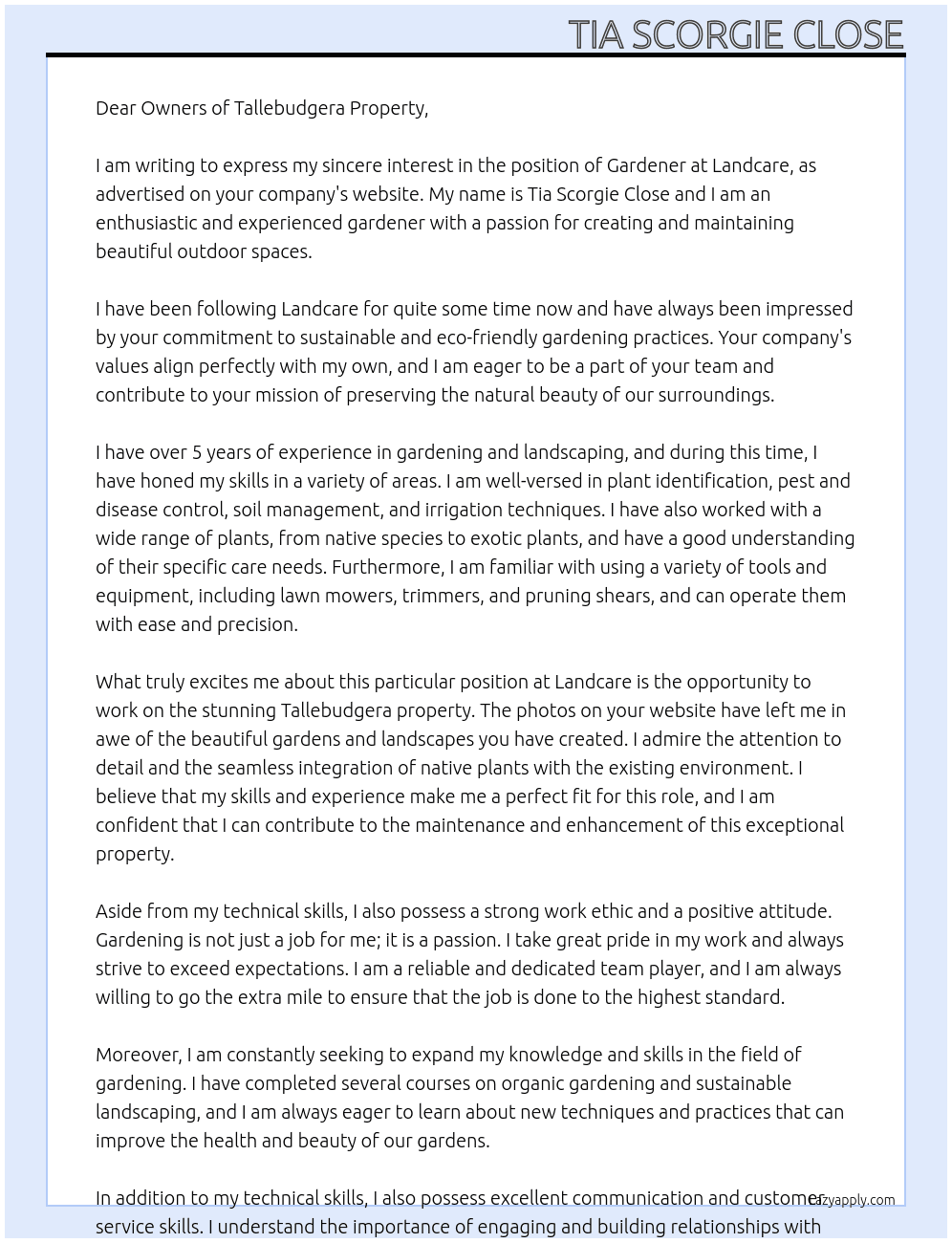 Gardener At Landcare  Cover Letter