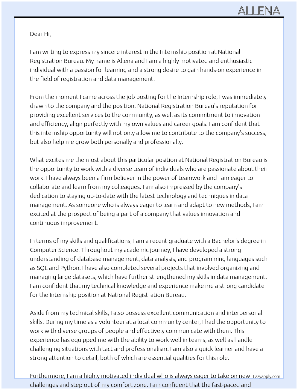 Internship  At National registration bureau  Cover Letter