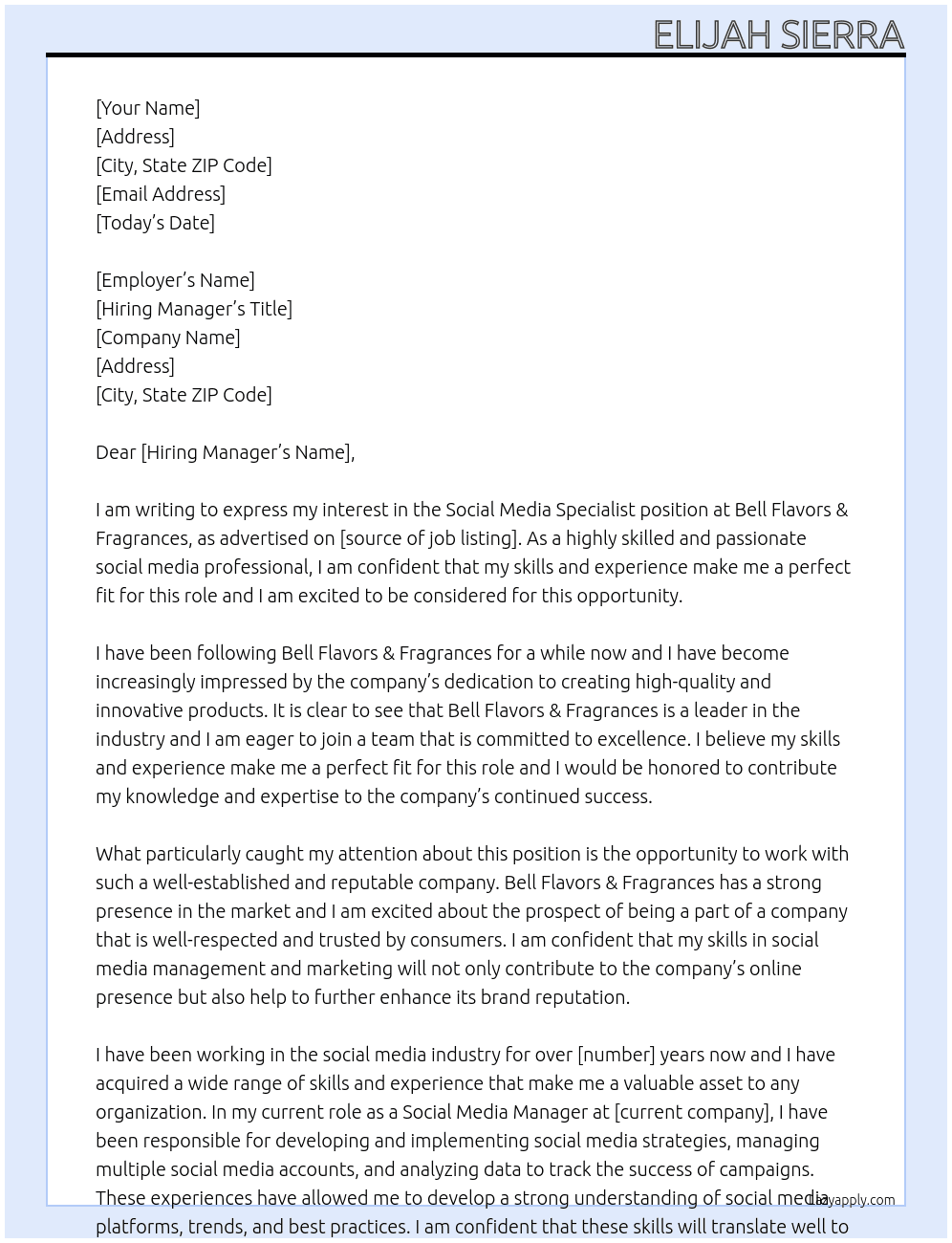 Social Media Specialist At Bell Flavors & Fragrances Cover Letter
