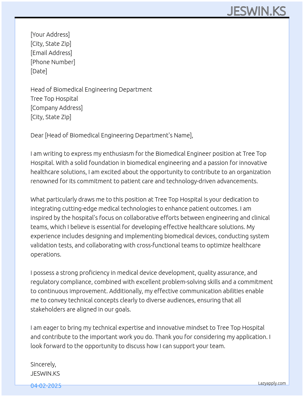 Biomedical engineer  At Tree Top Hospital  Cover Letter