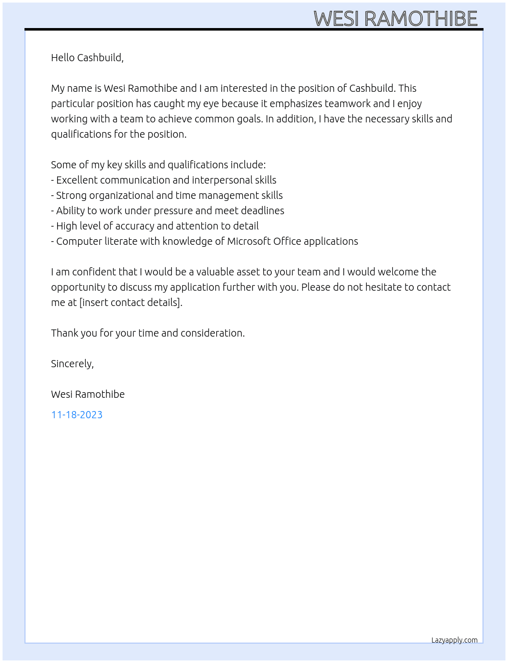 Cashbuild  At Cashbuild  Cover Letter