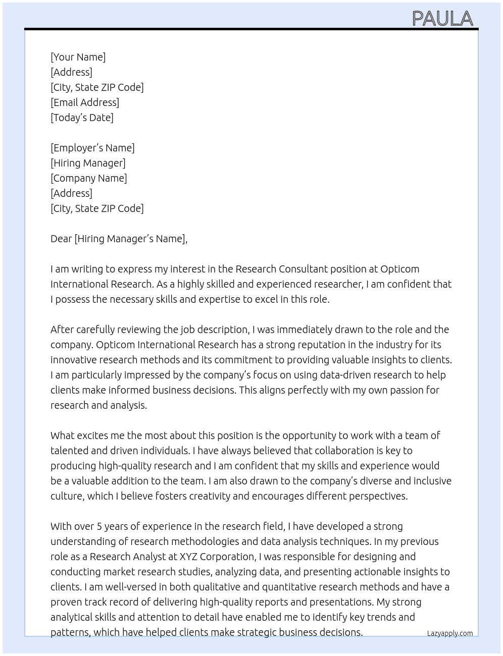 Research Consultant At Opticom International Research Cover Letter