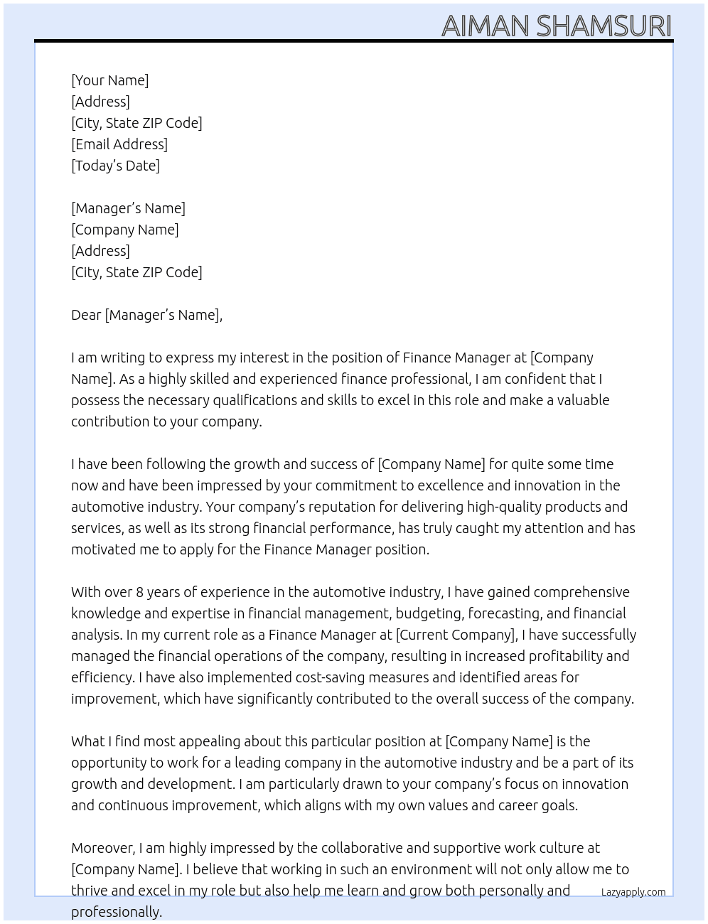 automotive At Application for the position finance manager Cover Letter