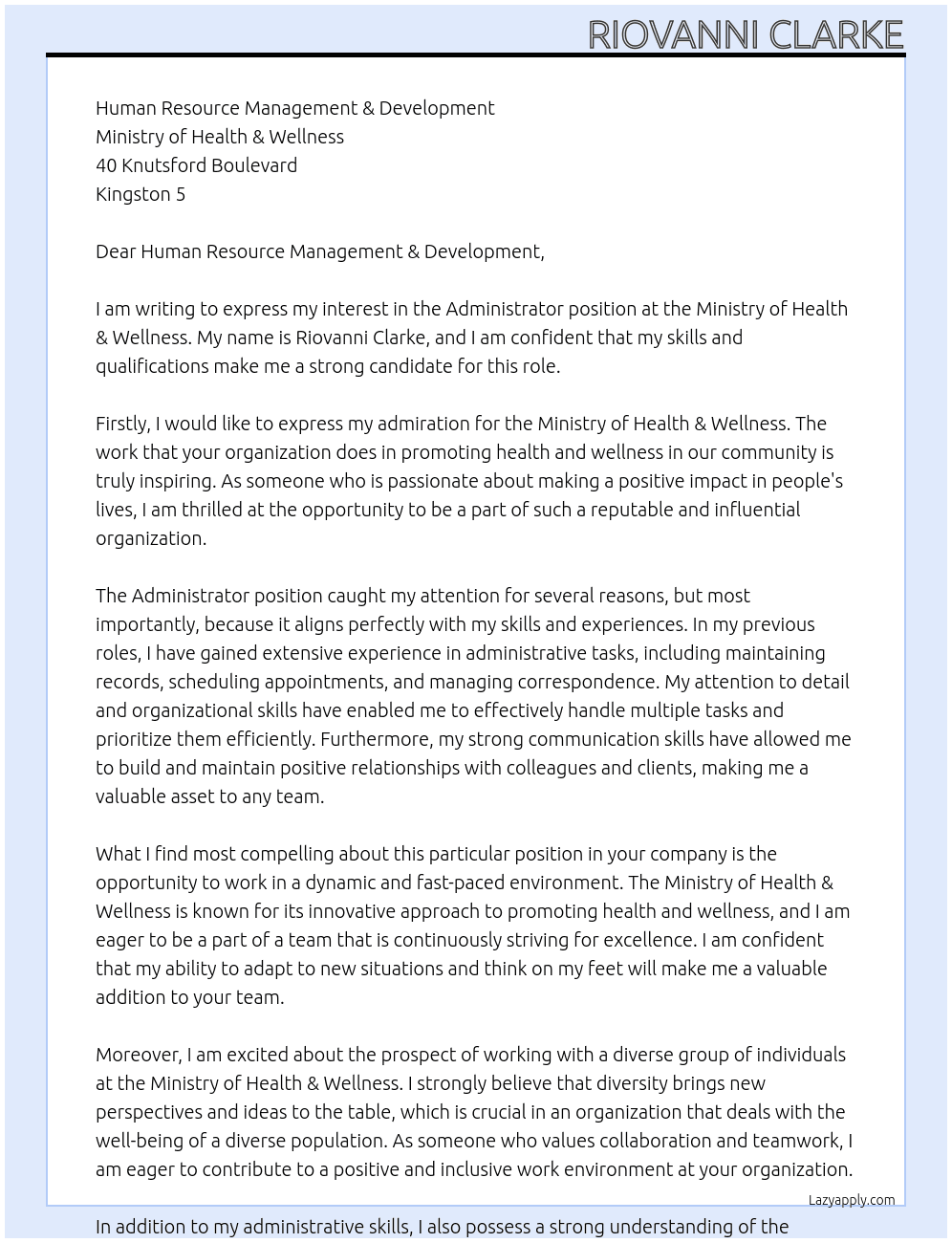 Administrator At Ministry of Health & Wellness Cover Letter
