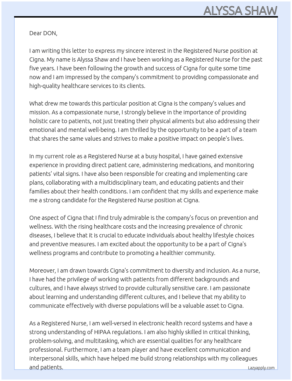 Registered Nurse At Cigna Cover Letter