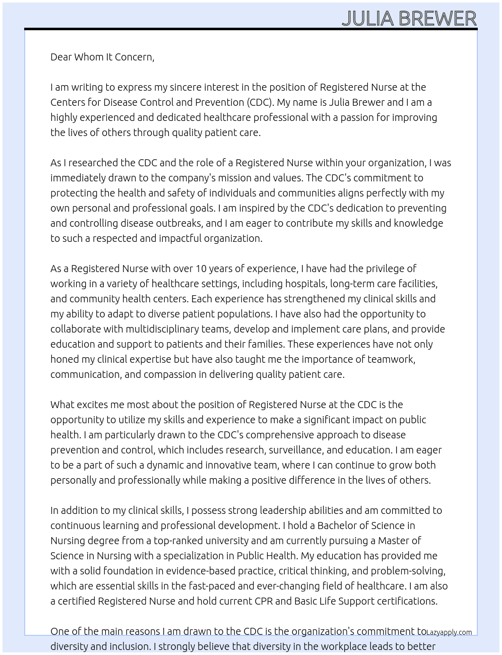 Registered Nurse At CDC Cover Letter
