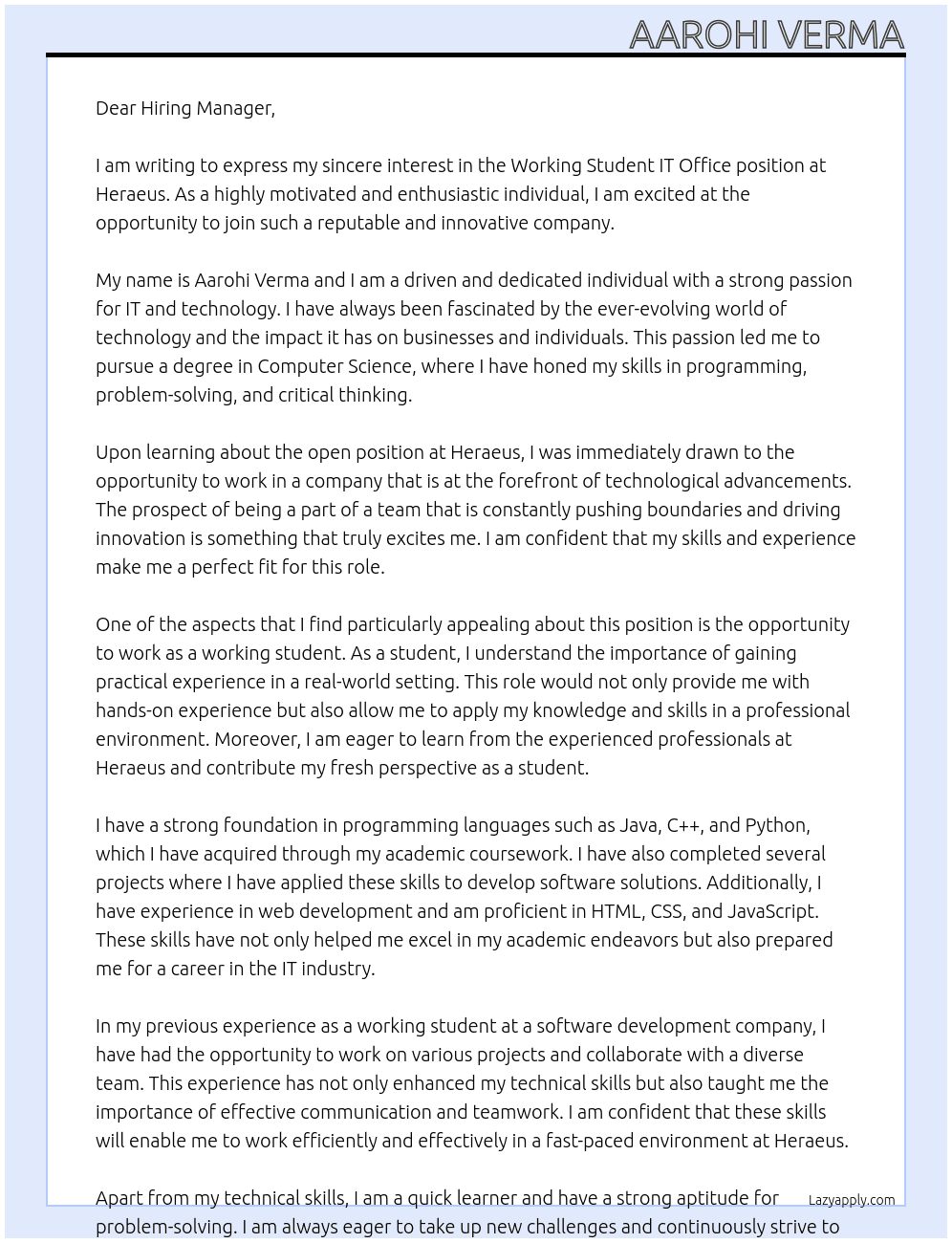 Working Student IT Office At Heraeus Cover Letter
