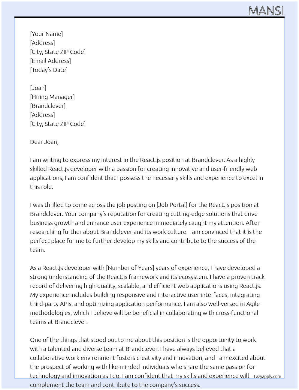 react.js At brandclever Cover Letter