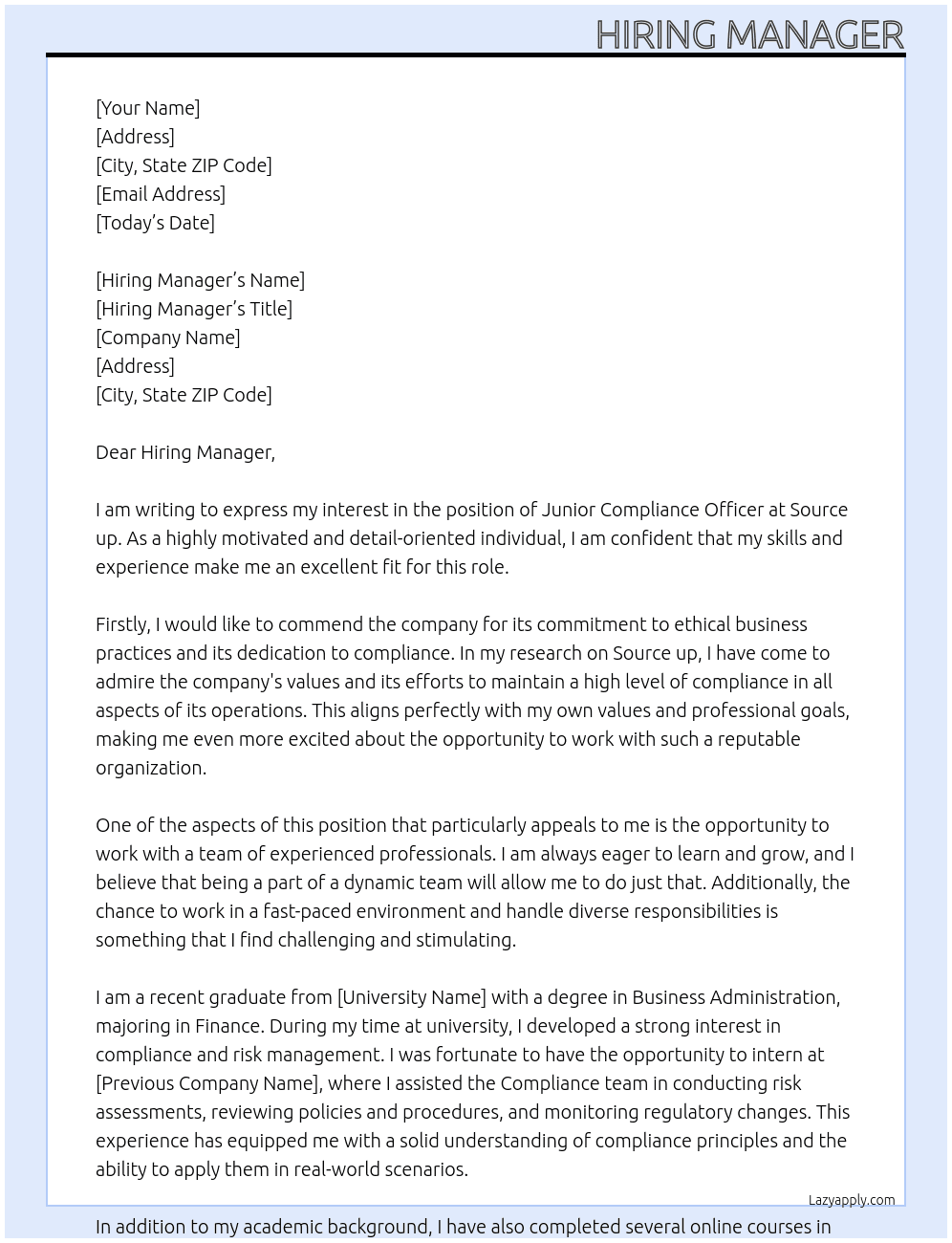 Junior Compliance Officer At Source up Cover Letter