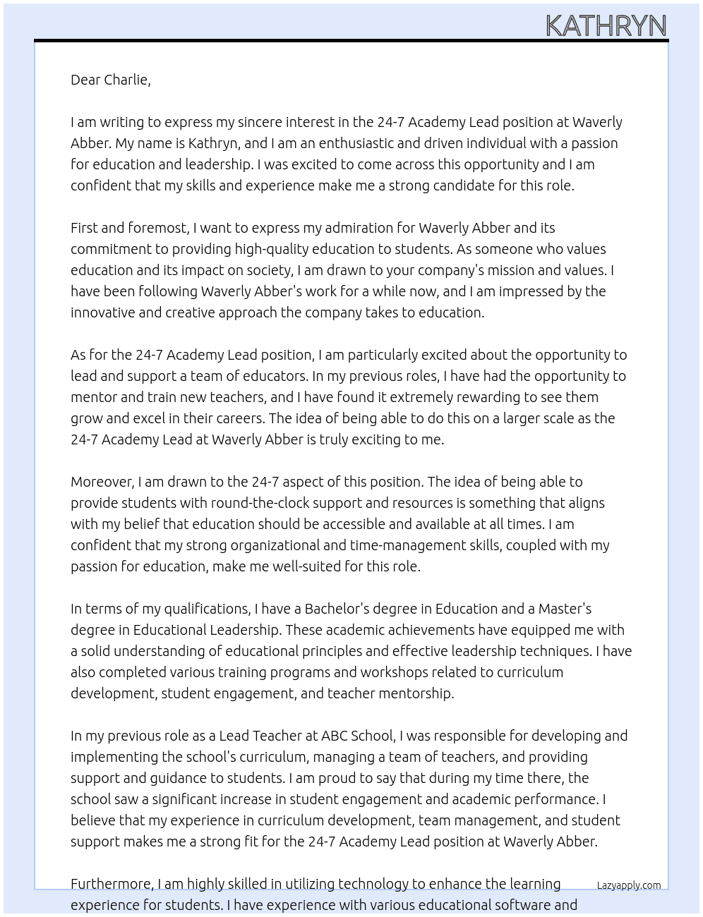 24-7 Academy Lead At Waverly Abber Cover Letter