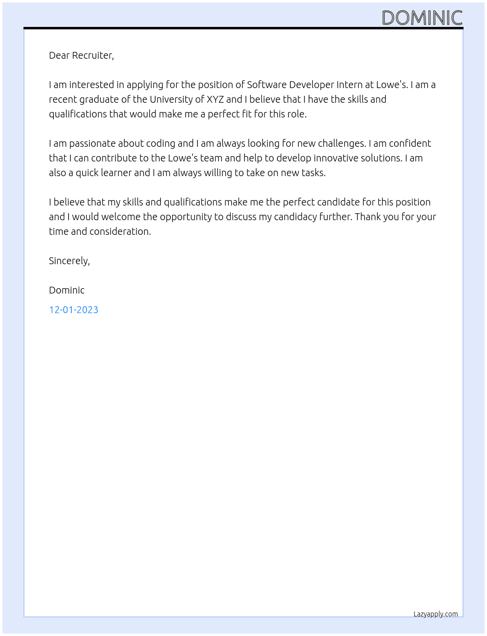 Software Developer Intern At Lowe's Cover Letter