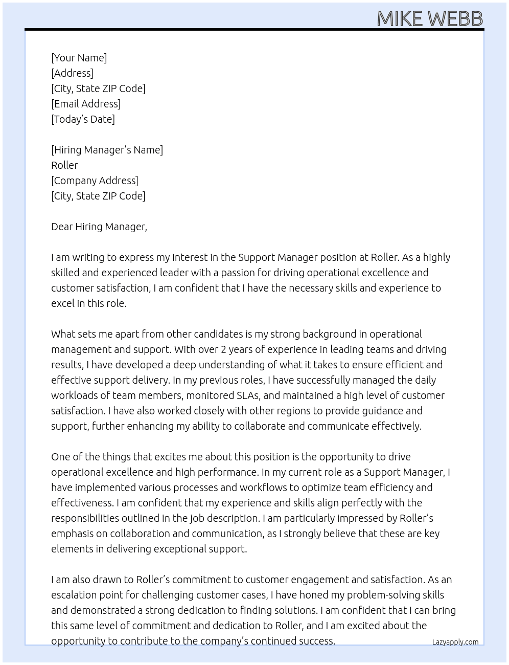 Support Manager At Roller Cover Letter