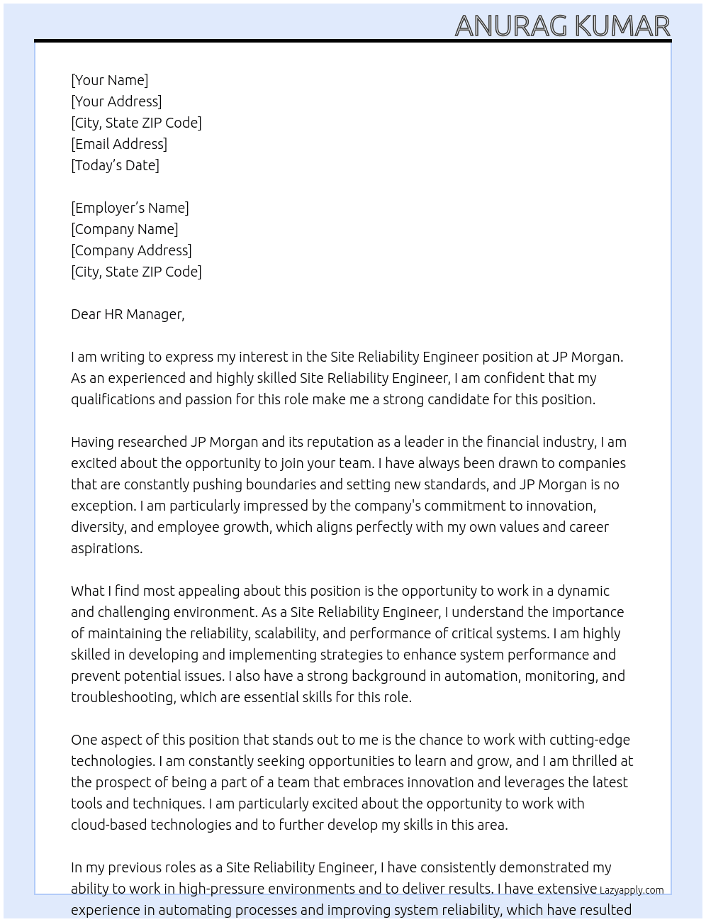 Site Reliability Engineer At JP Morgan Cover Letter