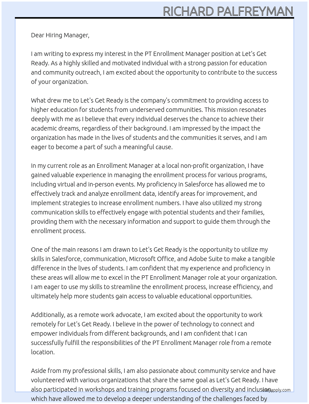 PT Enrollment Manager At Let's Get Ready Cover Letter