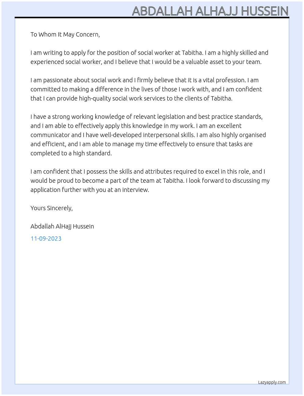 Social worker At Tabitha Cover Letter