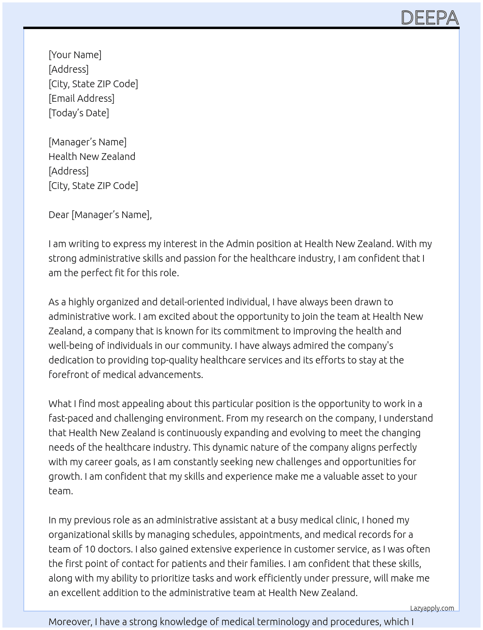 Admin At  Health New Zealand  Cover Letter