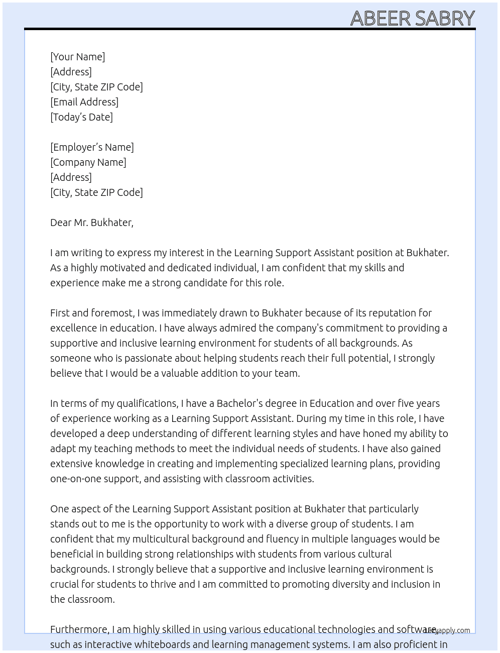 Learning Support Assistant At Bukhater Cover Letter