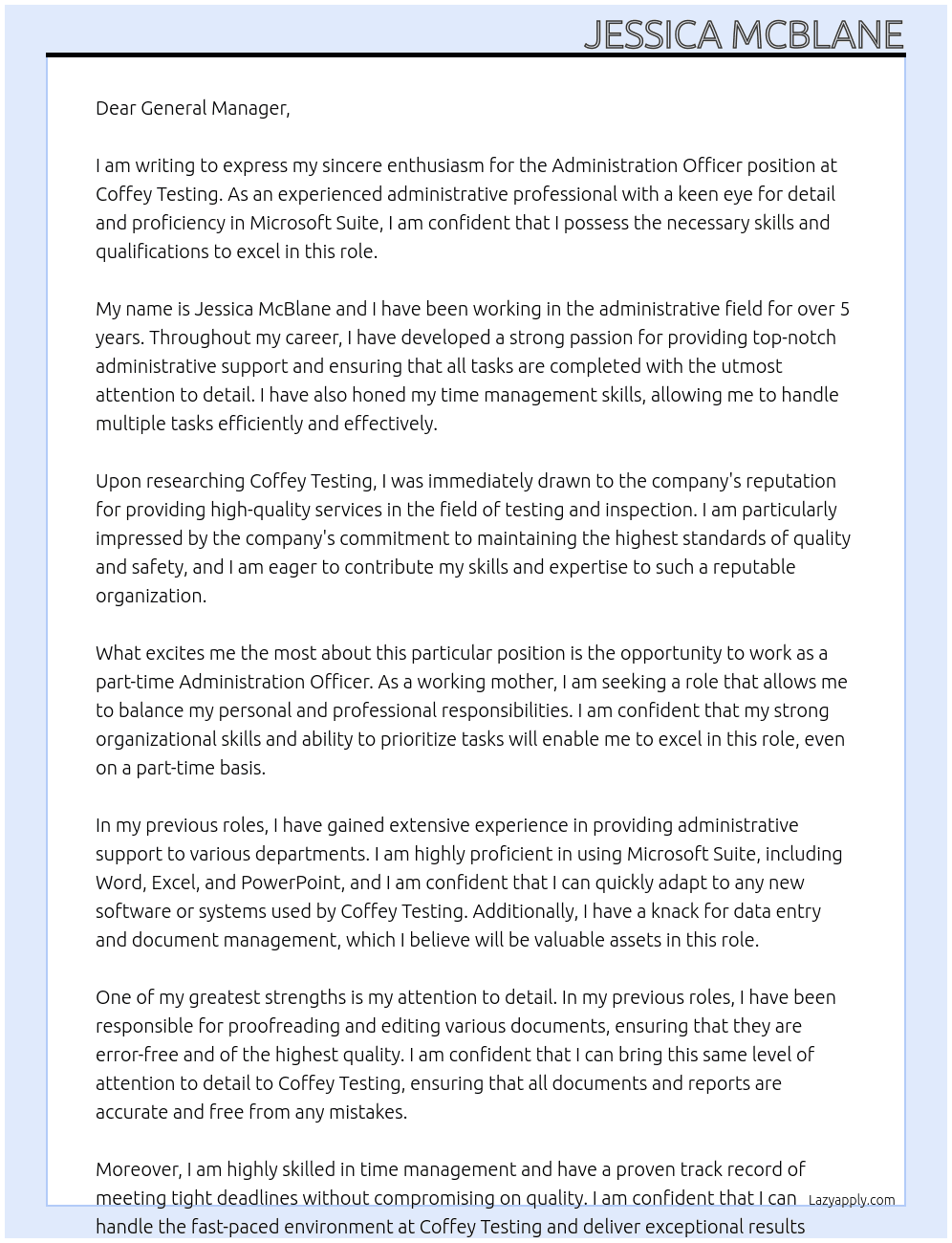 Administration Officer At Coffey Tesring Cover Letter