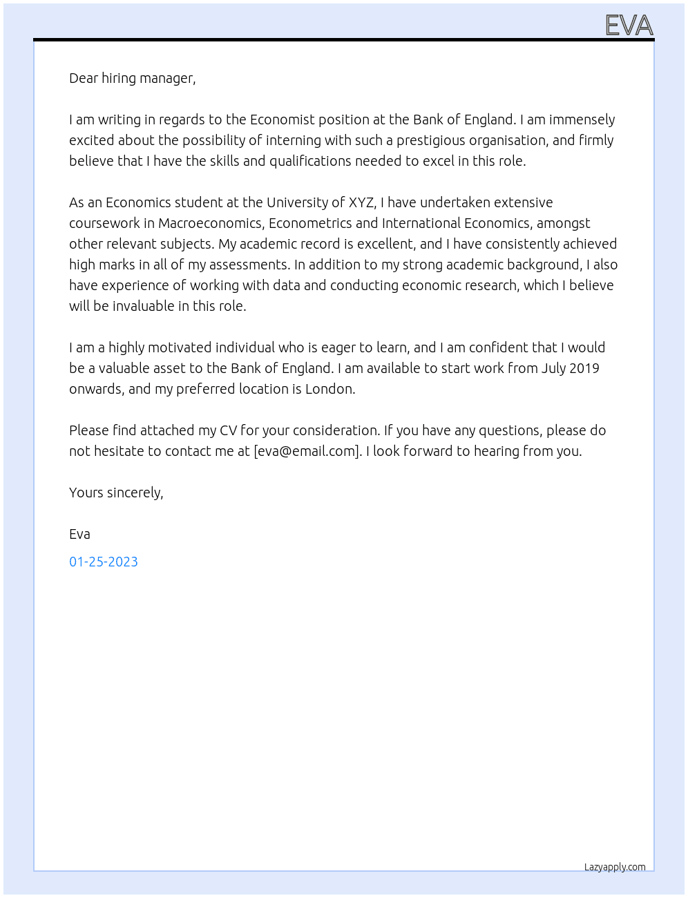 Economist At Bank of England Cover Letter