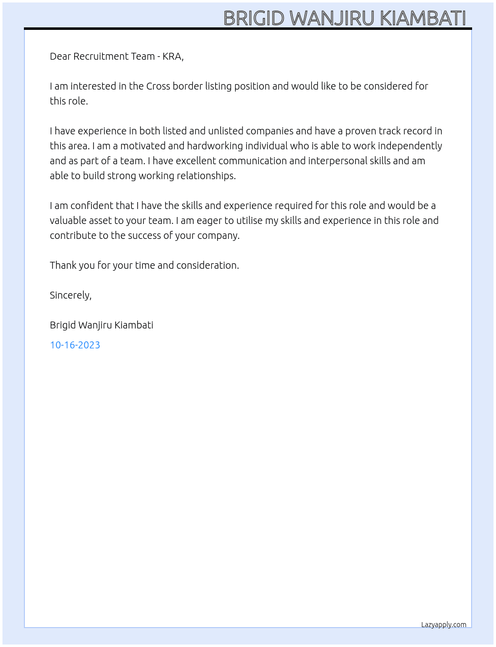 Cross border listing At KRA Cover Letter