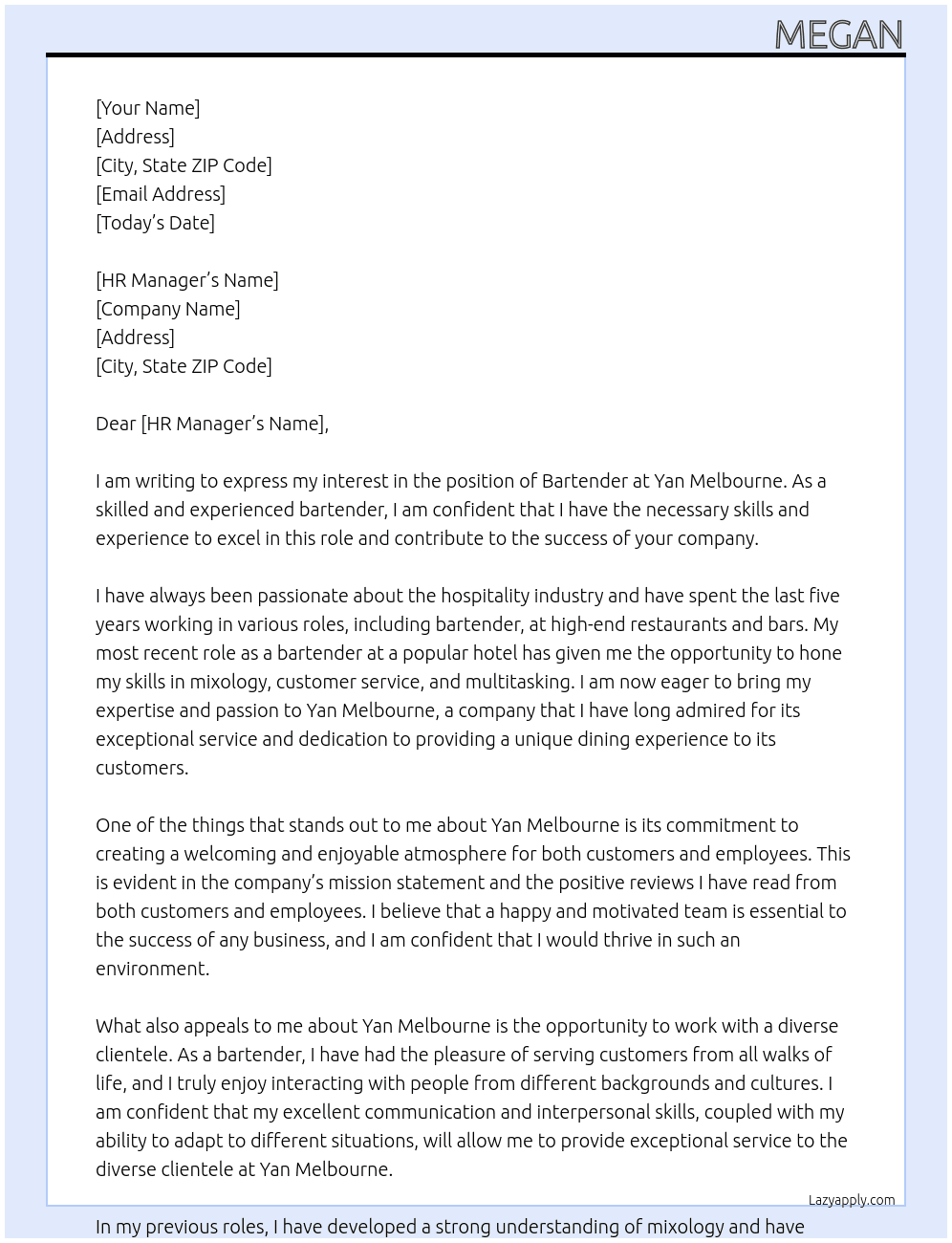 Bartender At Yan Melbourne  Cover Letter