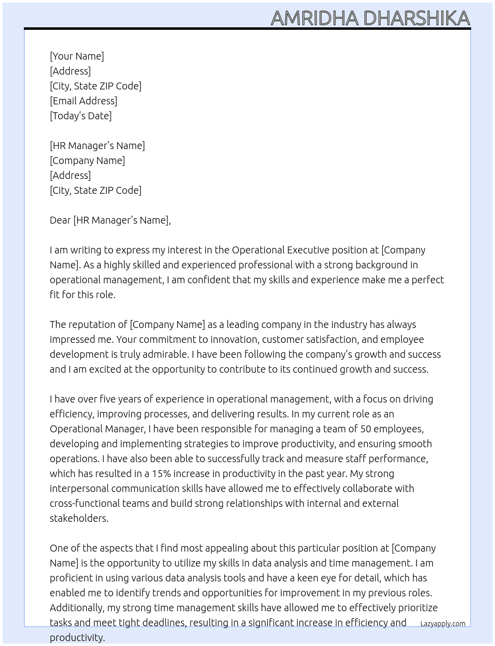 Operational Executive At Company Cover Letter