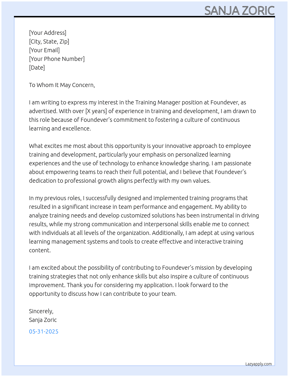 Training Manager At Foundever Cover Letter