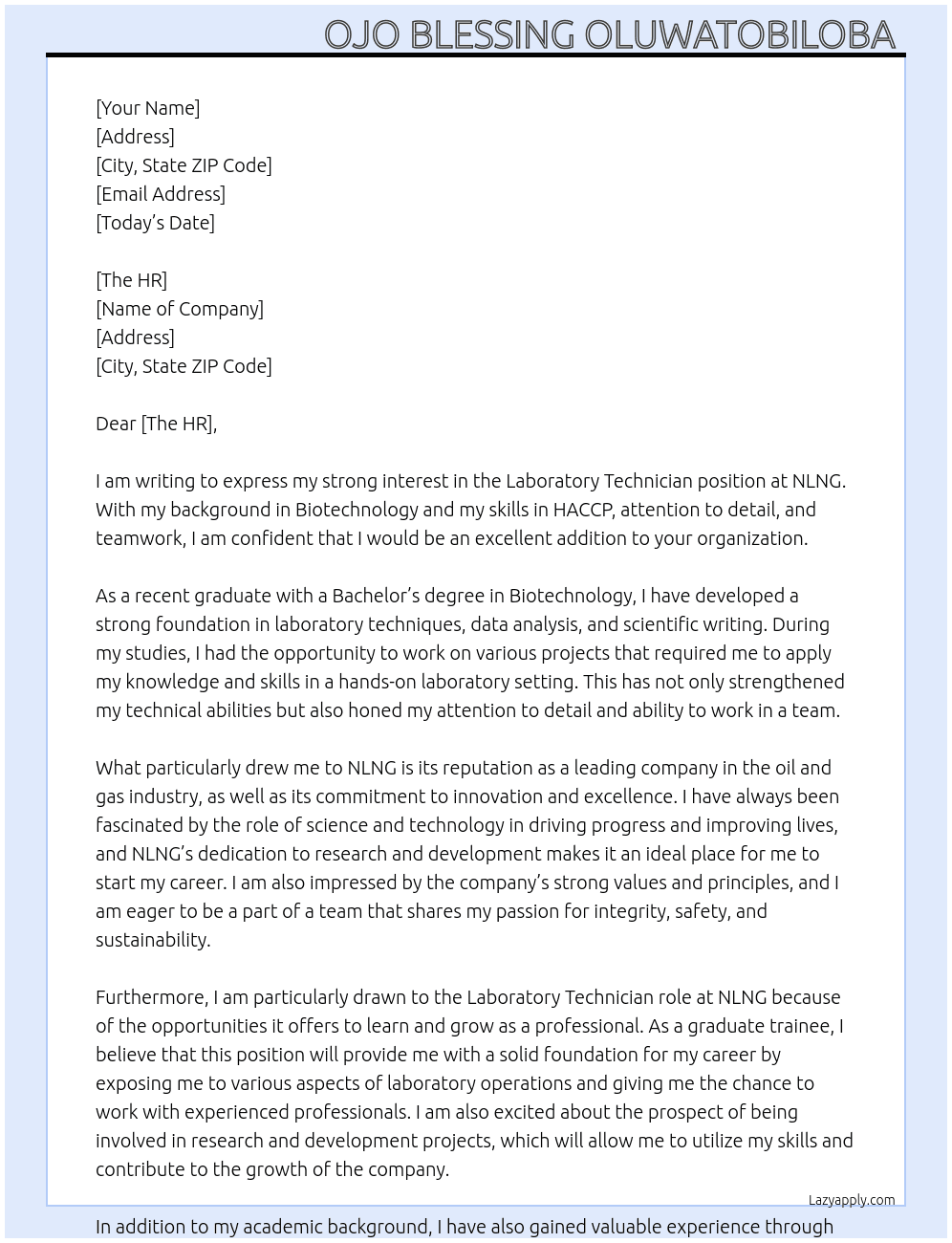 Laboratory technician  At Nlng Cover Letter