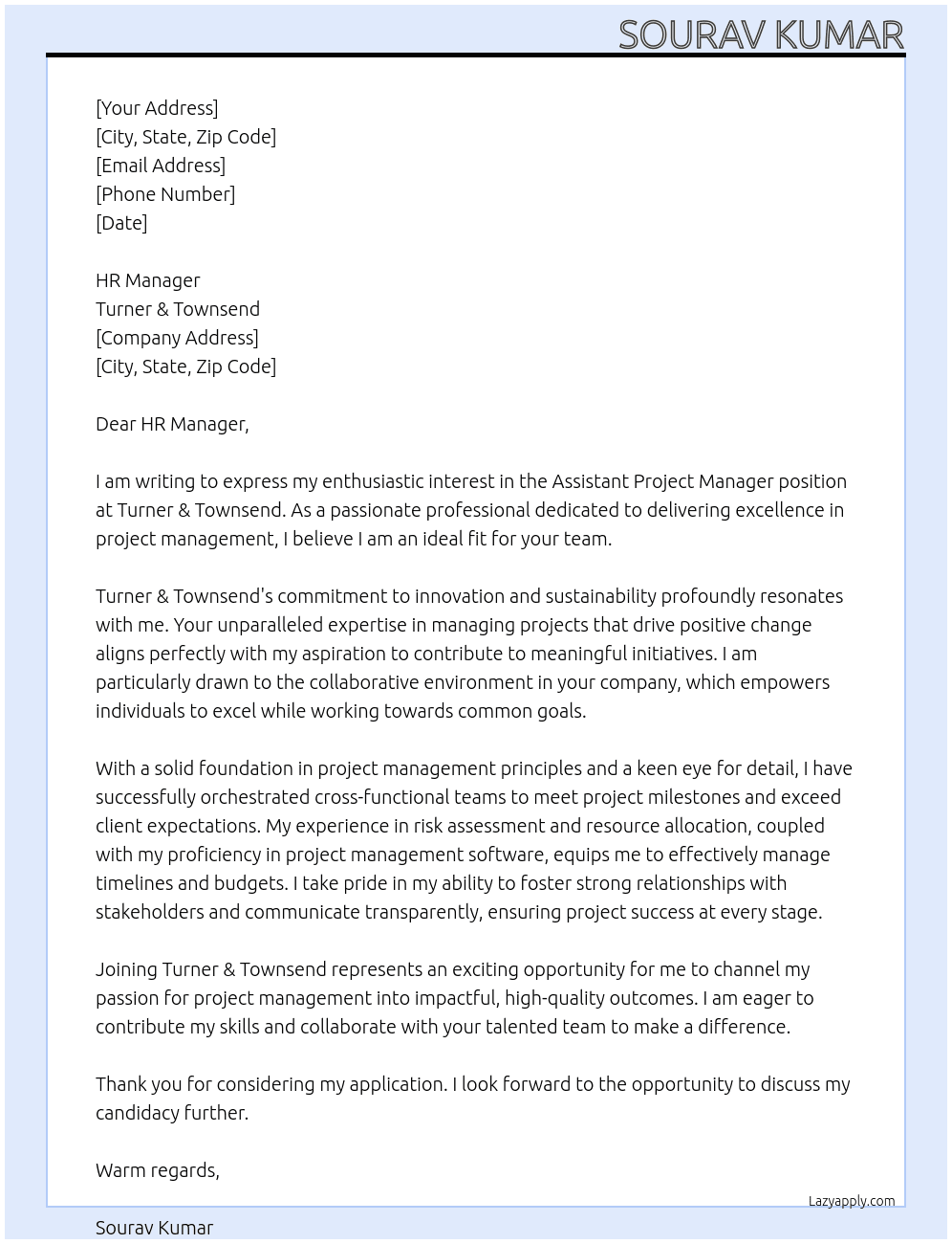 Assistant Project Manager  At Turner & Townsend  Cover Letter