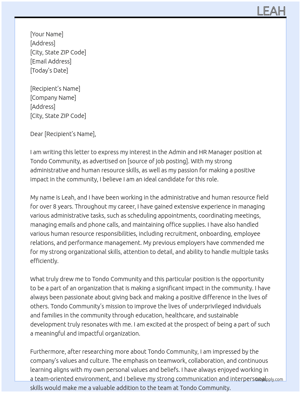 admin and hr manager At tondo community Cover Letter