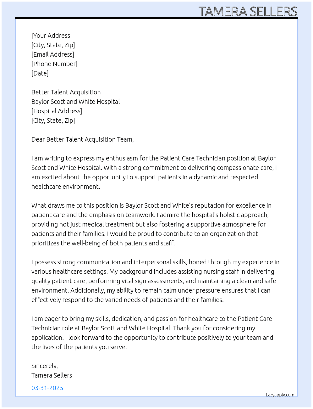 Cover letter for patient care technician - LazyApply