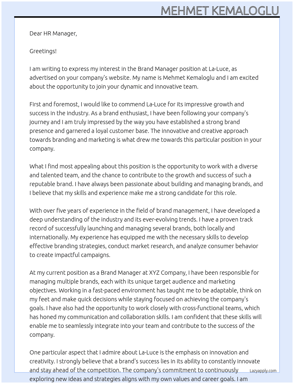Brand Manager  At La-Luce Cover Letter