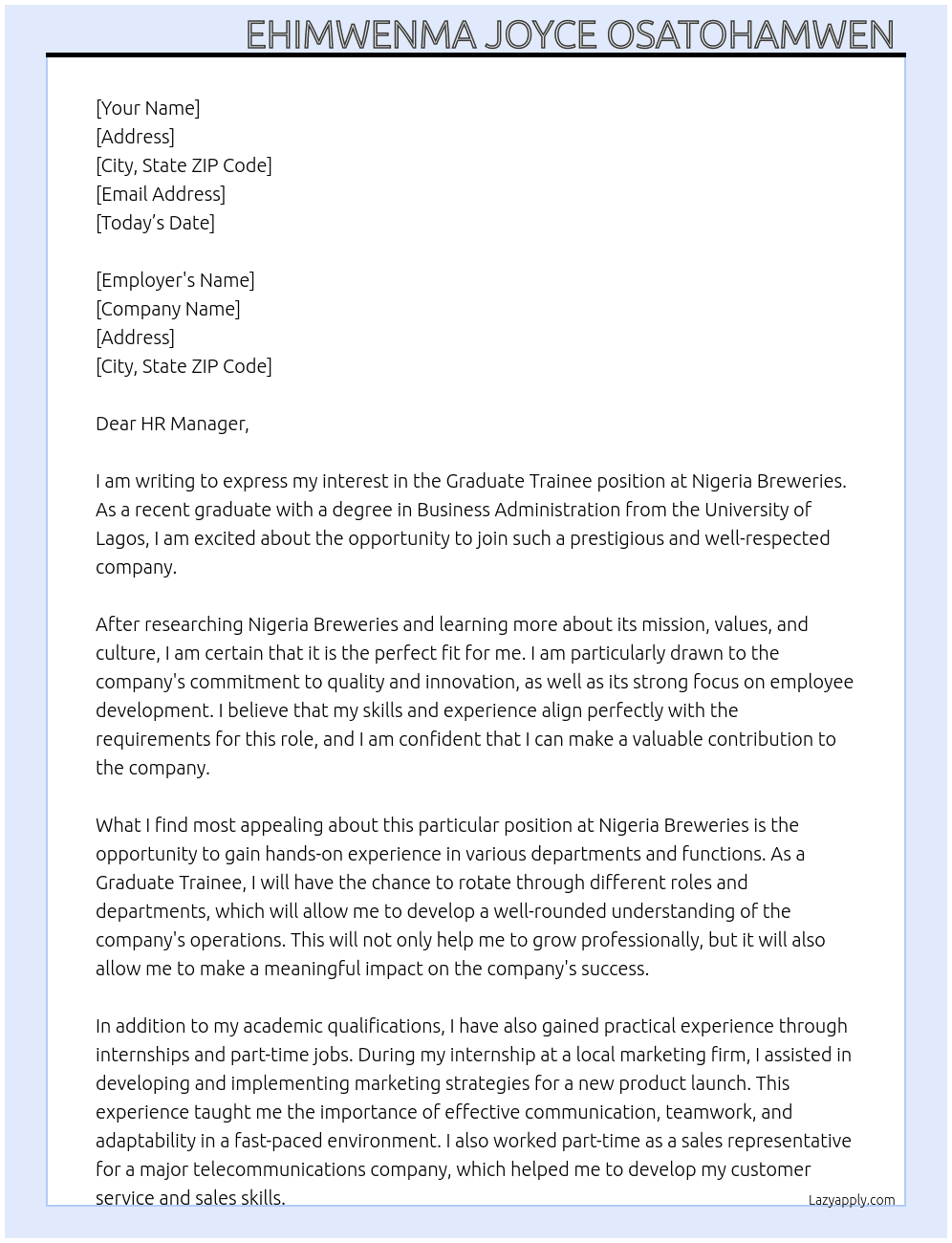 Graduate Trainee At Nigeria breweries  Cover Letter