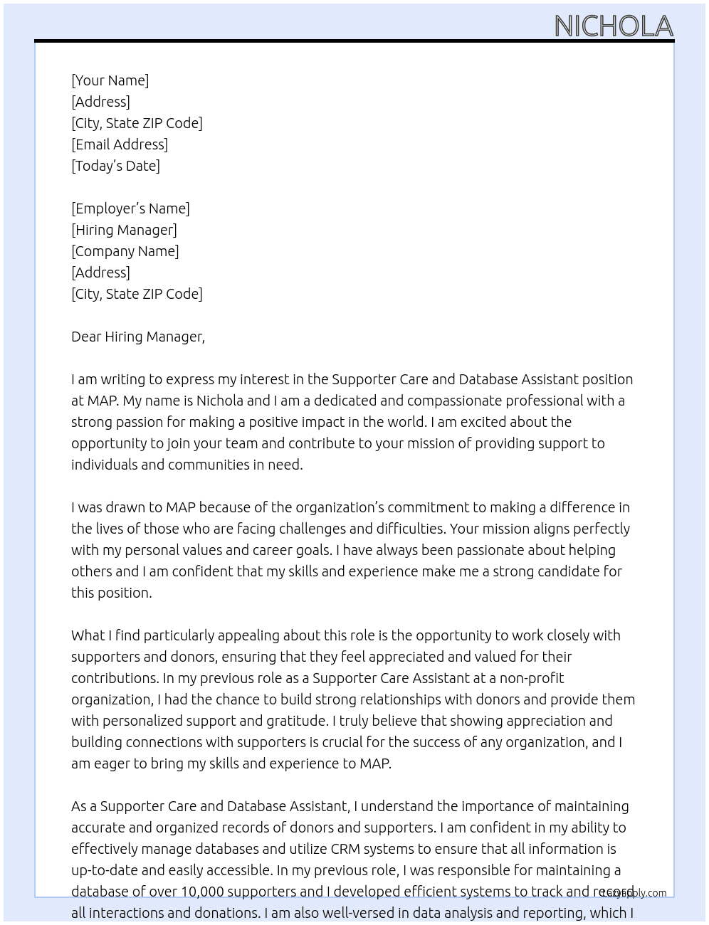 Supporter Care and Database Assistant  At MAP Cover Letter