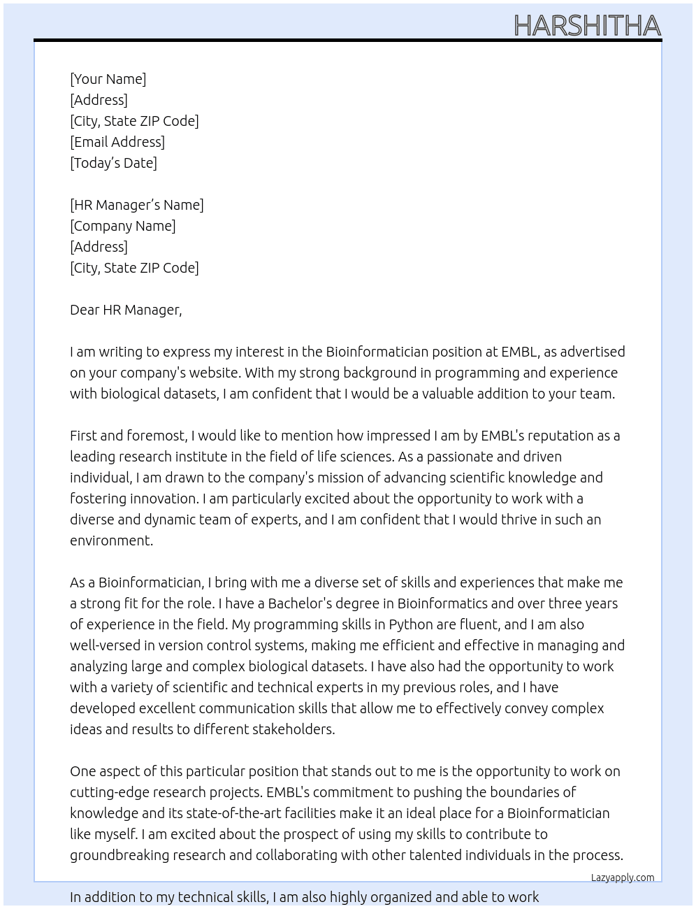 Bioinformatician At EMBL Cover Letter