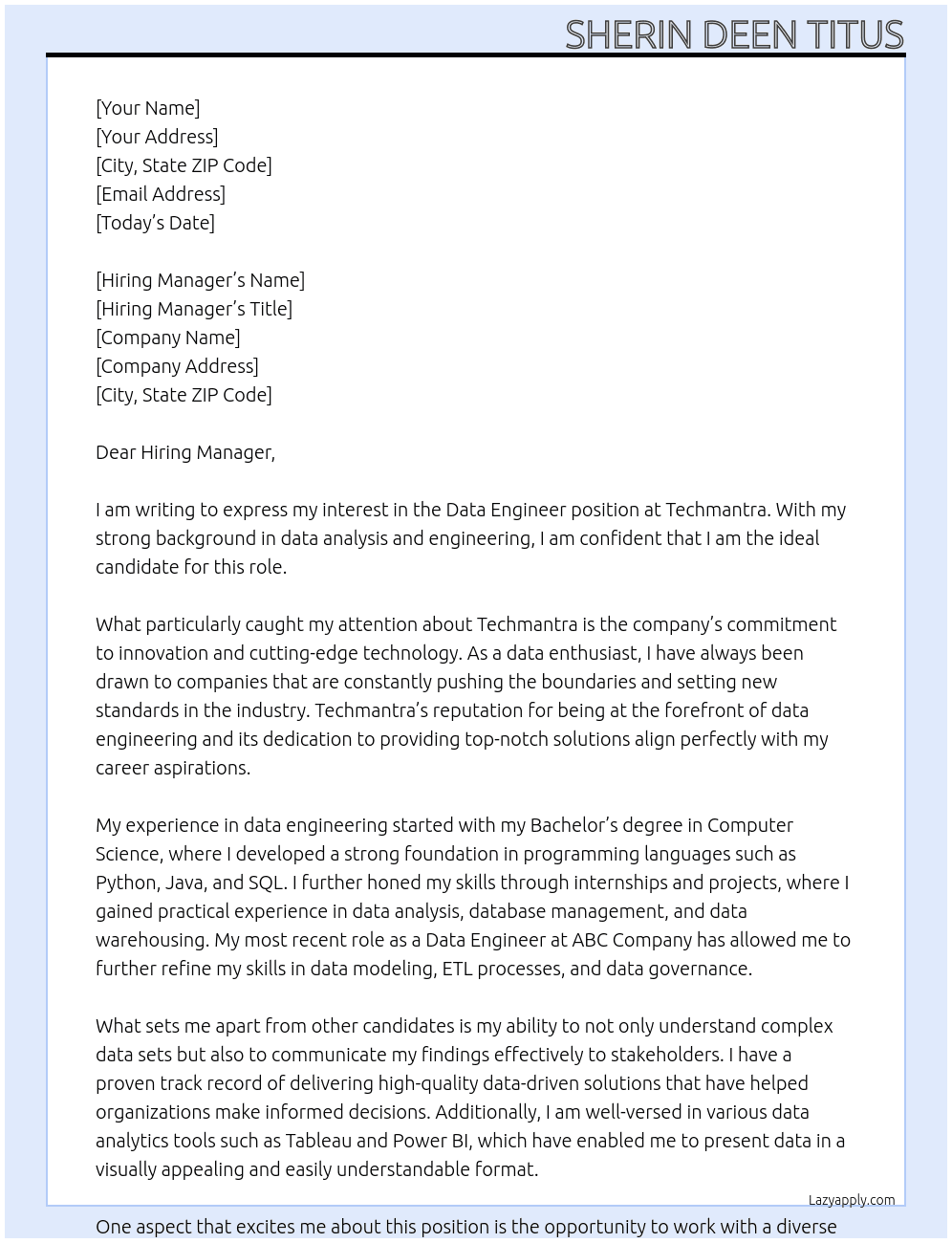 Data Engineer At Techmantra Cover Letter