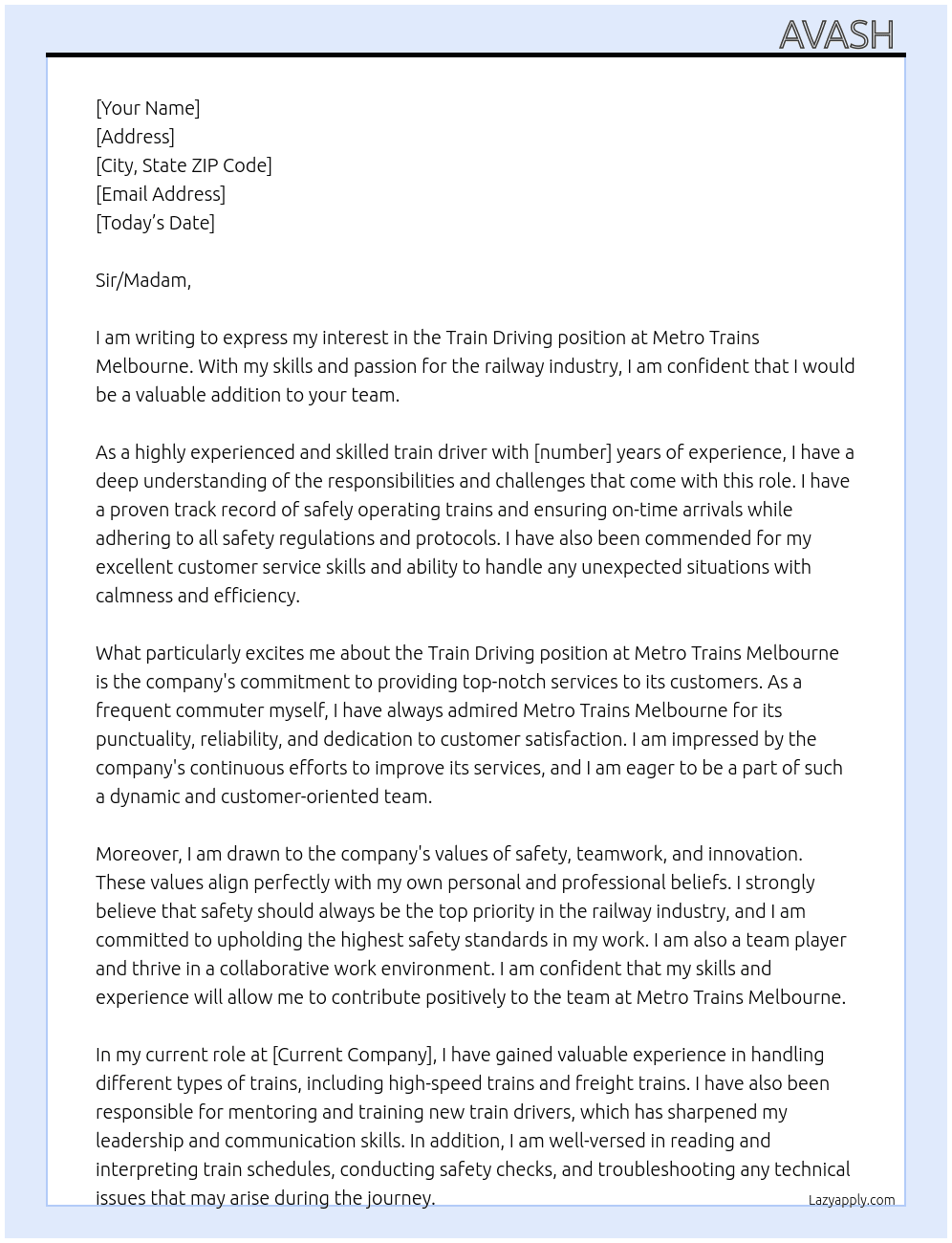 Train driving  At Metro trains Melbourne Cover Letter