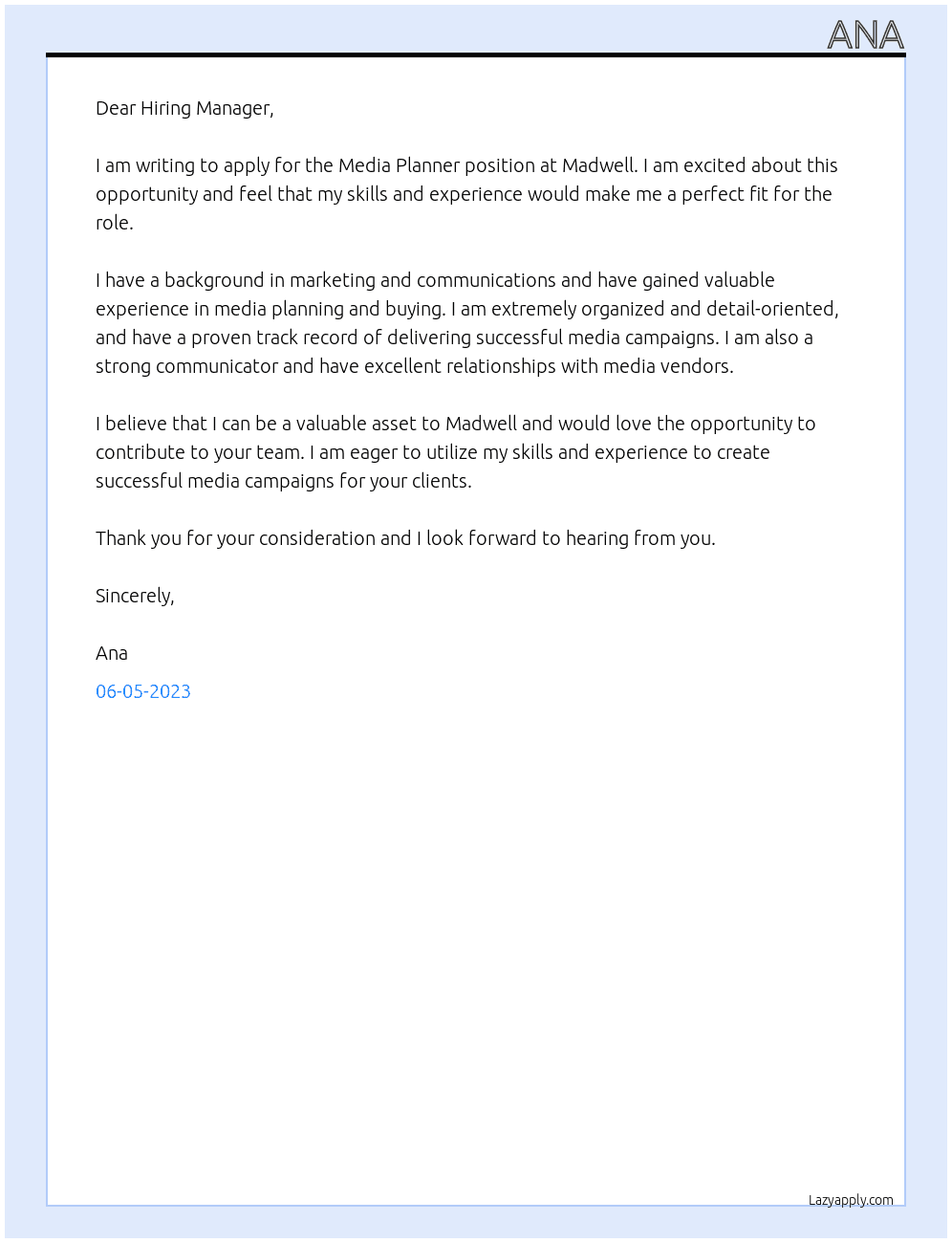 Media Planner At Madwell Cover Letter