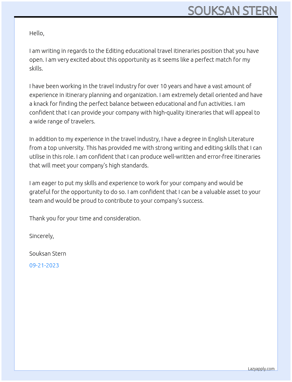  Editing educational travel itineraries At hirer  Cover Letter