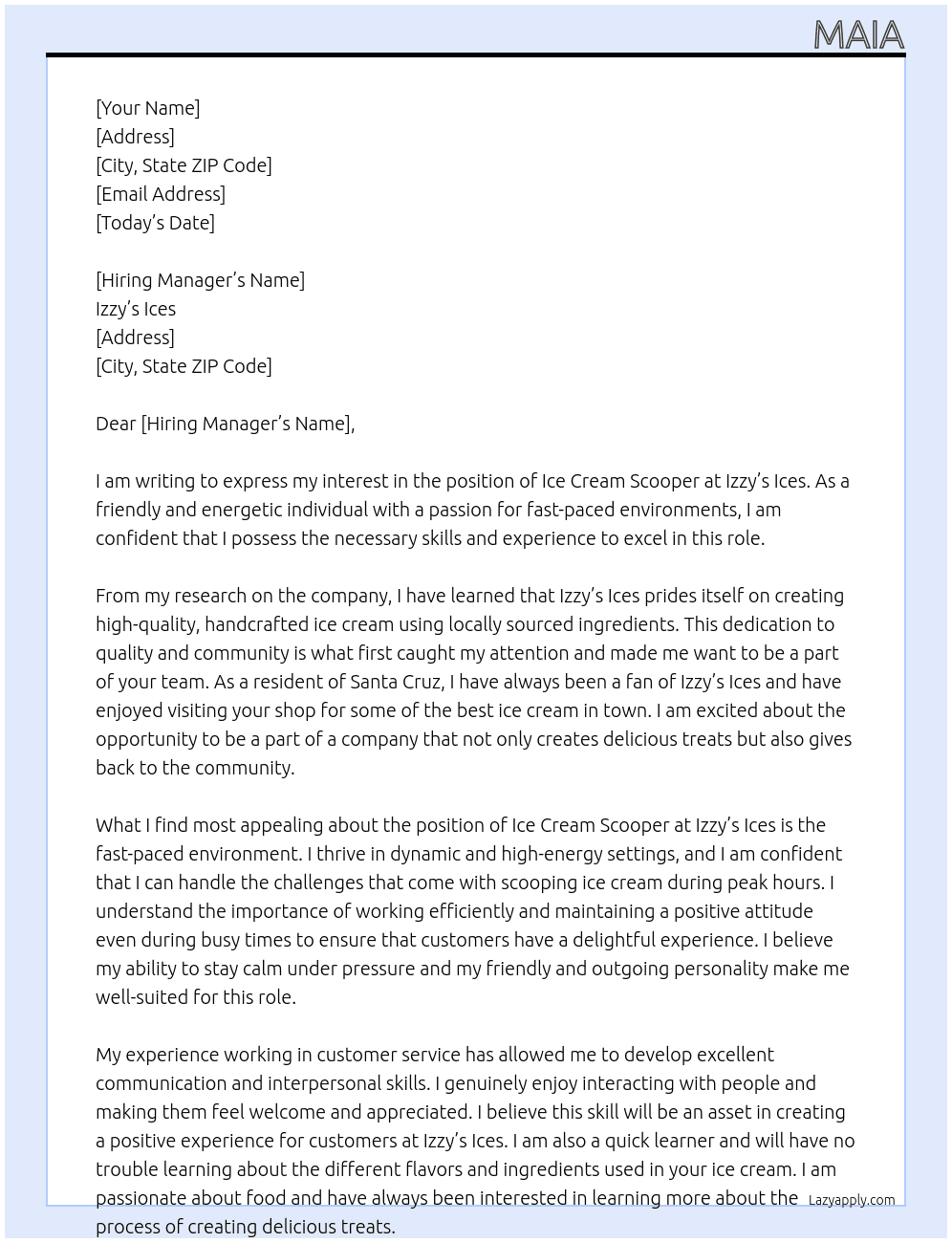 ice cream scooper At izzy's ices Cover Letter