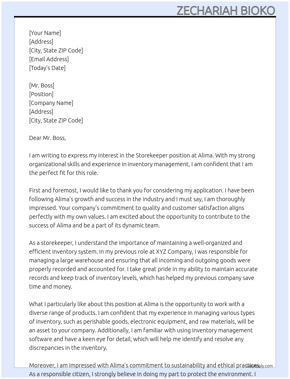 Storekeeper  At Alima Cover Letter