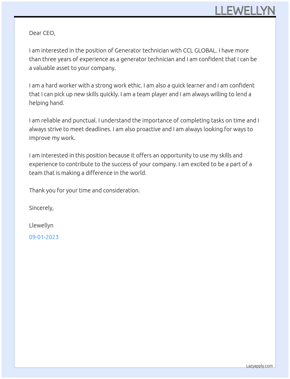 Generator technician with 3+ years experience At CCL GLOBAL Cover Letter